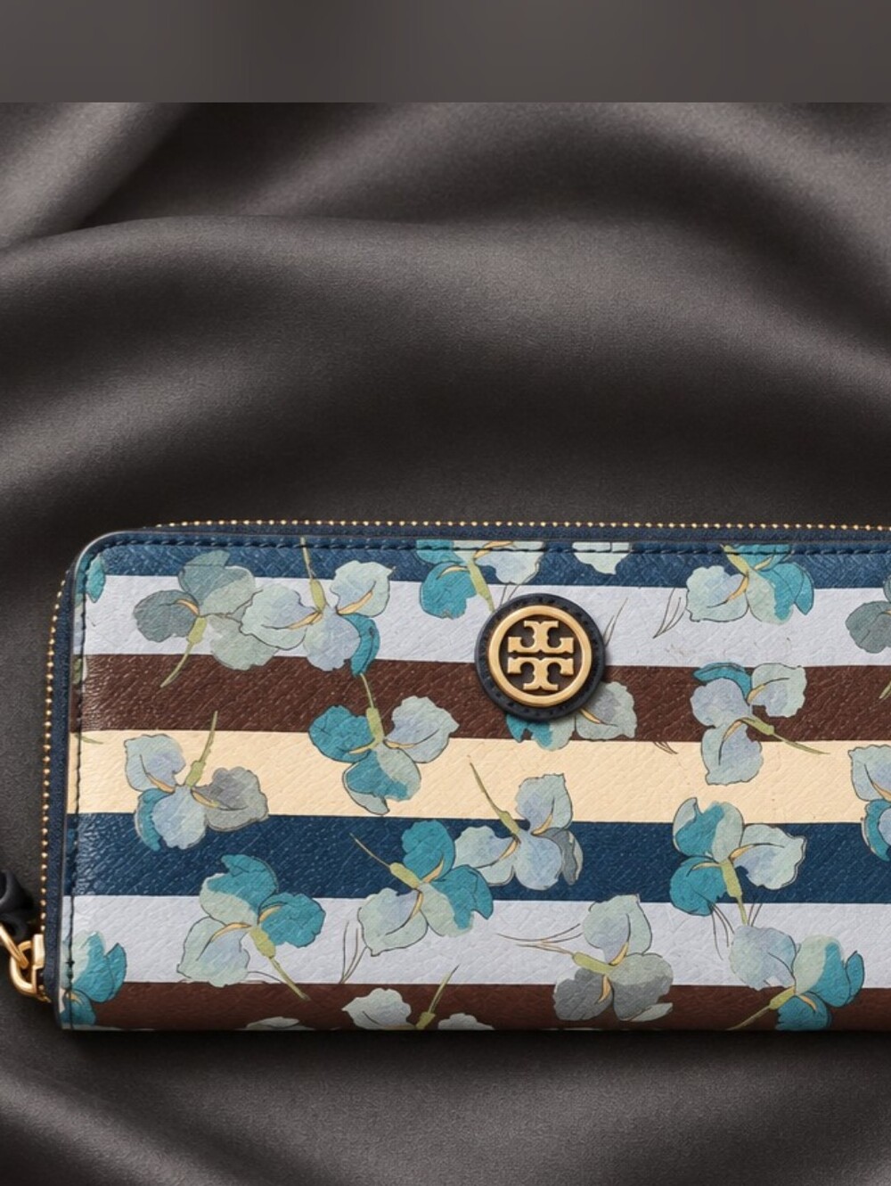 Tory Burch Striped Floral Continental Wallet in Blue, Brown, Cream